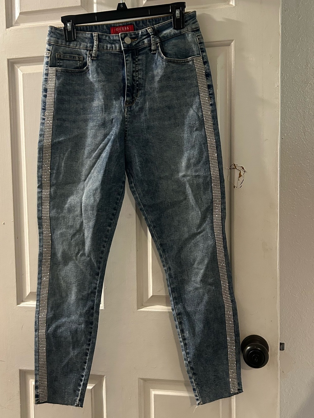 Guess Women's Skinny Rhinestone-Trim Denim Jeans - Blue